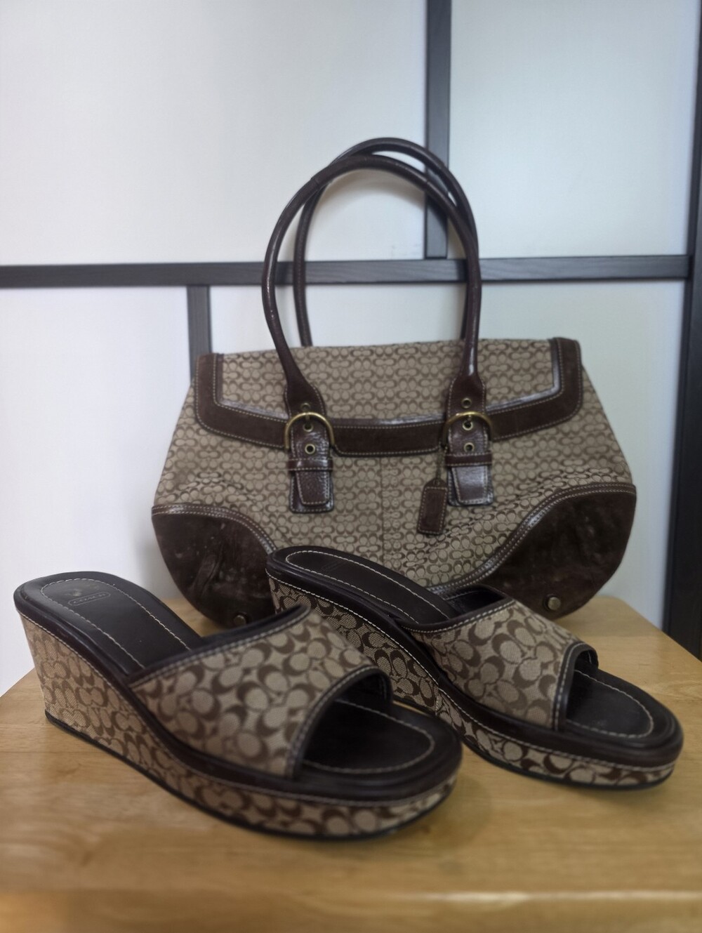 Coach Tote Bag & Matching Wedge Sandals Slides Shoes Brown Signature C Size 11